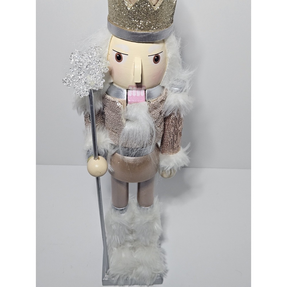 King Nutcracker 19" Wooden Christmas Decor Hollywood Style White Gold Pink - Picture 3 of 8